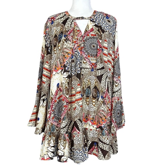 Umgee Boho Dress SM Tiered Tunic Flowy Bohemian Bell Sleeves Babydoll Oversized - Picture 2 of 11